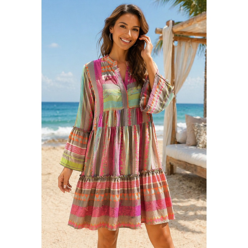 Elan Boho Tiered Babydoll Dress S Bell Sleeve Geo Print Multicolor Festival - Picture 1 of 15